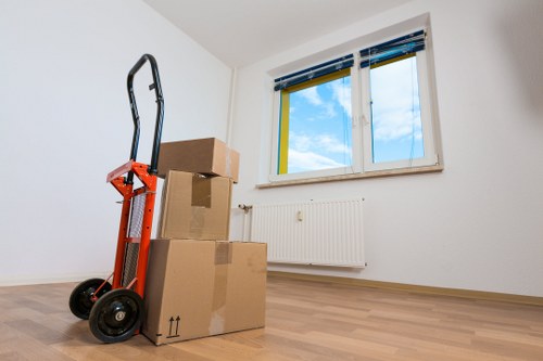 Packed boxes and moving equipment for a local removal job