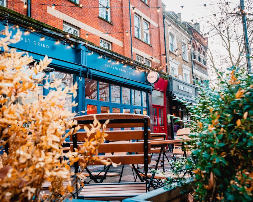 Outside a lively retail and dining area on Exmouth Market in Farringdon, the image shows a row of storefronts with large glass windows and signage, including 'Exmouth Market Grind' and 'The Grains.' The street features outdoor seating with wooden tables and matching chairs, some with black metal frames, arranged on a brick-paved pavement. Overhead, decorative string lights are hung across the street, creating a warm atmosphere. In the foreground, dense bushes with yellowish and green leaves partially obscure the seating area. The buildings behind the storefronts are multi-story, constructed of brick and stone, with various window styles and small balconies. The scene is illuminated by natural daylight, suggesting daytime. This setting exemplifies the vibrant, pedestrian-friendly environment typical of urban commercial districts, relevant to house removals, packing, and furniture transport services provided by Man with Van Farringdon, especially during busy market days when relocation logistics may require careful planning and space management.
