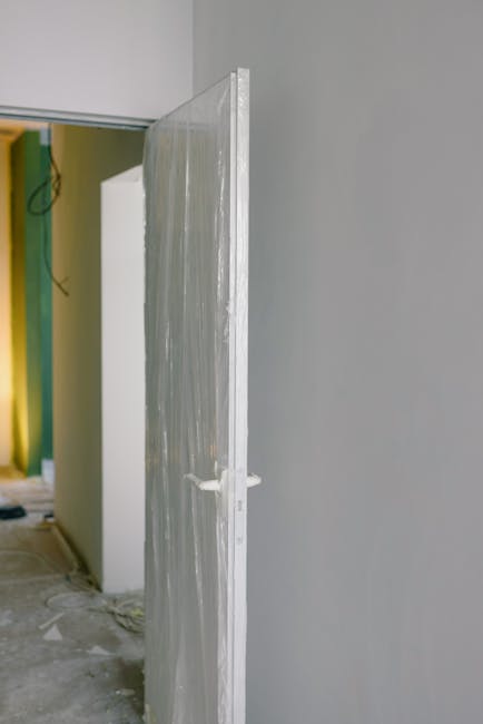 A narrow doorway within a residential or commercial interior space, with a partially installed or temporarily propped translucent plastic protective sheet leaning against a grey wall. The doorway's wooden frame is visible, and the space beyond shows a glimpse of an adjacent room with unfinished yellow-green construction material. The floor is covered with protective plastic sheeting or dust sheets, indicating ongoing renovation or move preparations. This setup highlights the challenges of measuring doorways for home relocation or furniture transport, as orchestrated by Man with Van Farringdon, a professional removals service. Natural lighting illuminates the scene, emphasizing the confined dimensions of the doorway essential for planning safe and efficient moving logistics through tight spaces when conducting packing and loading processes involved in house removals or furniture transport.